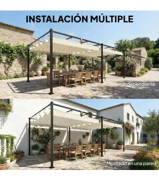 Pérgola de Jardín 6x3 m con Techo Retráctil Protección UPF50+ Drenaje Cenador de Jardín para Patio Exterior Crema