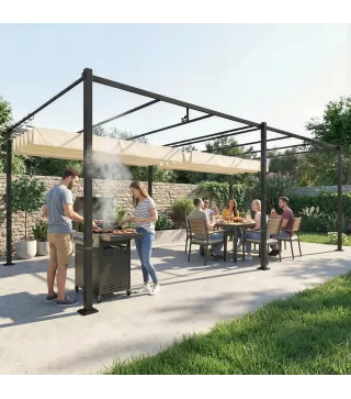 Pérgola de Jardín 6x3 m con Techo Retráctil Protección UPF50+ Drenaje Cenador de Jardín para Patio Exterior Crema