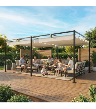 Pérgola de Jardín 6x3 m con Techo Retráctil Protección UPF50+ Drenaje Cenador de Jardín para Patio Exterior Crema