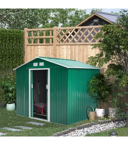 Cobertizo de Jardín 4,9 m² 277x195x192 cm con 2 Puertas Corredizas Base Refuerzo (Suelo NO Incluido) Verde Oscuro