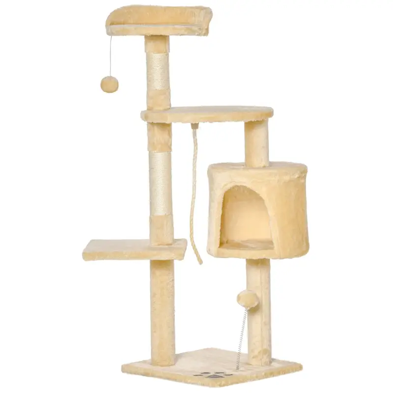 Árbol para gatos Rascador Grande con Plataformas Casetas Bolas de Juego 114cm Cubierto de Felpa Beige