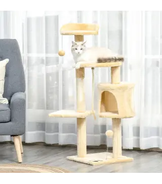 Árbol para gatos Rascador Grande con Plataformas Casetas Bolas de Juego 114cm Cubierto de Felpa Beige