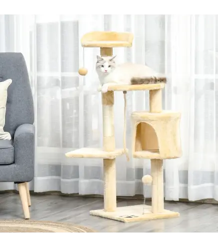 Árbol para gatos Rascador Grande con Plataformas Casetas Bolas de Juego 114cm Cubierto de Felpa Beige