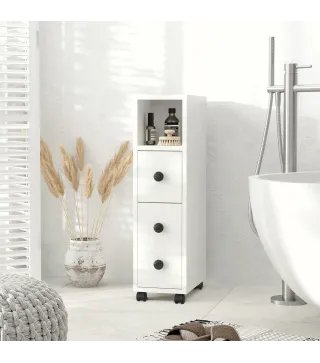 Armario de Baño con Ruedas Mueble Auxiliar para Baño con Estante Abierto Puerta y Cajón 18x30x68,5 cm Blanco