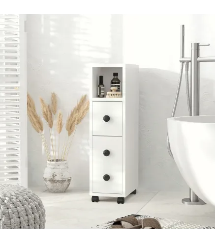 Armario de Baño con Ruedas Mueble Auxiliar para Baño con Estante Abierto Puerta y Cajón 18x30x68,5 cm Blanco