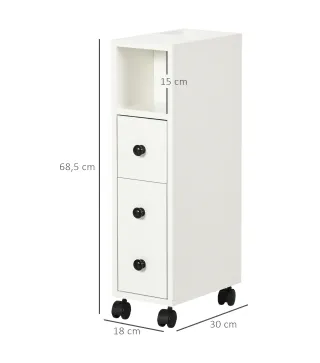 Armario de Baño con Ruedas Mueble Auxiliar para Baño con Estante Abierto Puerta y Cajón 18x30x68,5 cm Blanco