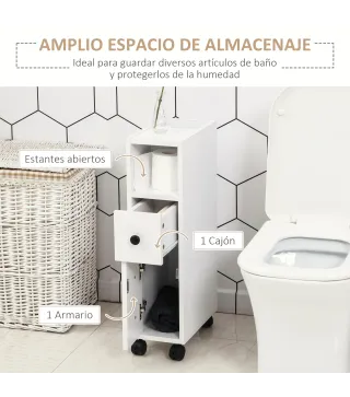 Armario de Baño con Ruedas Mueble Auxiliar para Baño con Estante Abierto Puerta y Cajón 18x30x68,5 cm Blanco