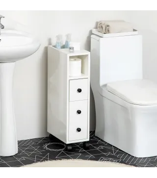 Armario de Baño con Ruedas Mueble Auxiliar para Baño con Estante Abierto Puerta y Cajón 18x30x68,5 cm Blanco