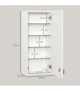Botiquín de Pared de Primeros Auxilios 5 Niveles con Estantes Ajustables de Vidrio Cerradura Llaves 30x20x70 cm Blanco