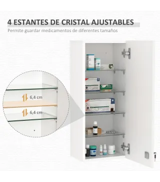 Botiquín de Pared de Primeros Auxilios 5 Niveles con Estantes Ajustables de Vidrio Cerradura Llaves 30x20x70 cm Blanco