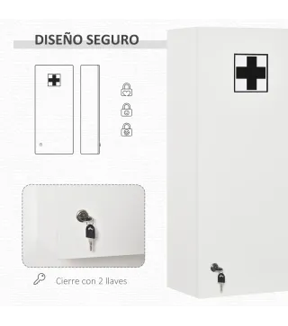 Botiquín de Pared de Primeros Auxilios 5 Niveles con Estantes Ajustables de Vidrio Cerradura Llaves 30x20x70 cm Blanco