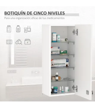 Botiquín de Pared de Primeros Auxilios 5 Niveles con Estantes Ajustables de Vidrio Cerradura Llaves 30x20x70 cm Blanco