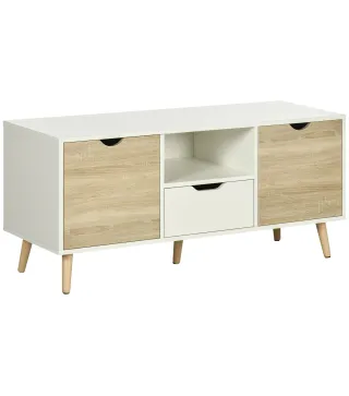 Mueble de TV con Cajón y 2 Puertas para Televisores de hasta 50" 110x40x50 cm Blanco y Madera Natural
