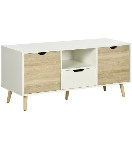 Mueble de TV con Cajón y 2 Puertas para Televisores de hasta 50" 110x40x50 cm Blanco y Madera Natural
