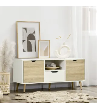 Mueble de TV con Cajón y 2 Puertas para Televisores de hasta 50" 110x40x50 cm Blanco y Madera Natural