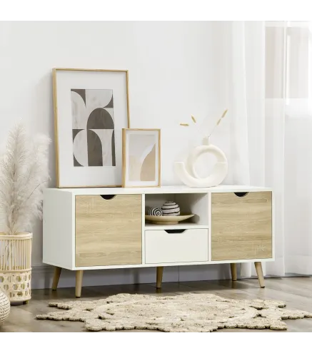 Mueble de TV con Cajón y 2 Puertas para Televisores de hasta 50" 110x40x50 cm Blanco y Madera Natural