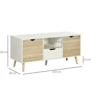 Mueble de TV con Cajón y 2 Puertas para Televisores de hasta 50" 110x40x50 cm Blanco y Madera Natural