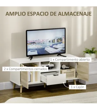 Mueble de TV con Cajón y 2 Puertas para Televisores de hasta 50" 110x40x50 cm Blanco y Madera Natural