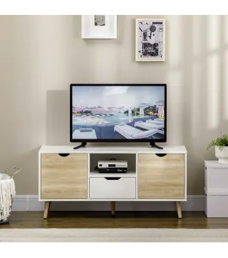 Mueble de TV con Cajón y 2 Puertas para Televisores de hasta 50" 110x40x50 cm Blanco y Madera Natural