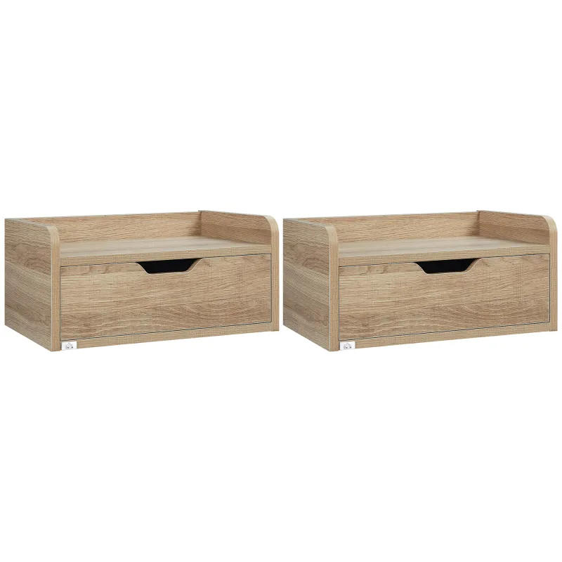 Set de 2 Mesitas de Noche de Pared Mesillas Flotantes con 1 Cajón para Dormitorio Habitación 40x30x19,5 cm Natural