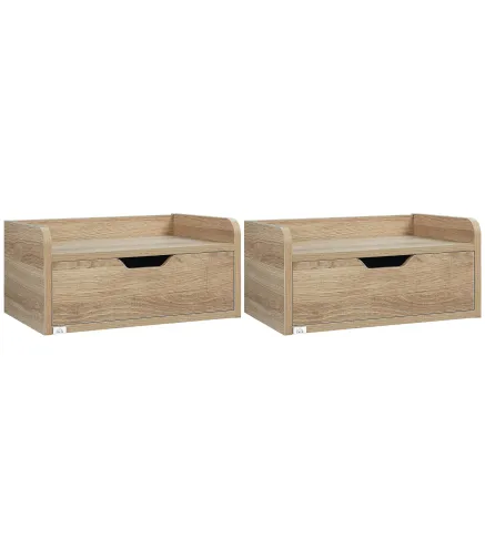 Set de 2 Mesitas de Noche de Pared Mesillas Flotantes con 1 Cajón para Dormitorio Habitación 40x30x19,5 cm Natural