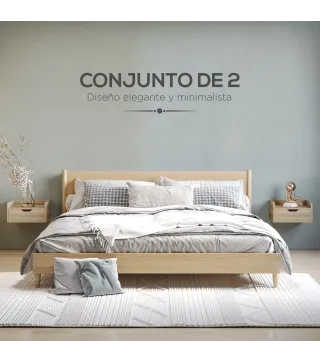 Set de 2 Mesitas de Noche de Pared Mesillas Flotantes con 1 Cajón para Dormitorio Habitación 40x30x19,5 cm Natural