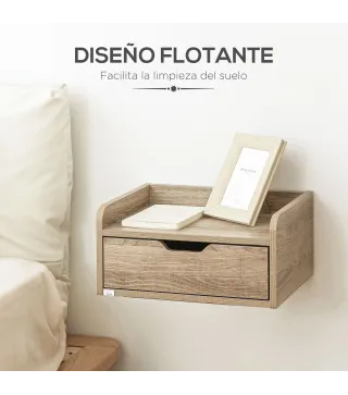 Set de 2 Mesitas de Noche de Pared Mesillas Flotantes con 1 Cajón para Dormitorio Habitación 40x30x19,5 cm Natural