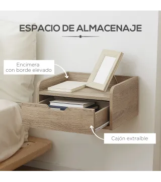 Set de 2 Mesitas de Noche de Pared Mesillas Flotantes con 1 Cajón para Dormitorio Habitación 40x30x19,5 cm Natural