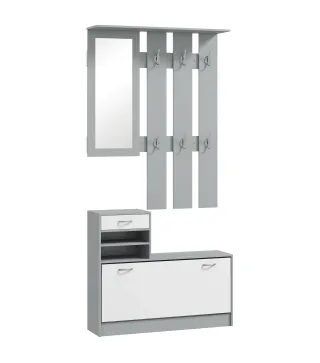 Recibidor de Entrada con Espejo Perchero y Zapatero Mueble de Recibidor de 2 Piezas con Ganchos Estantes y Cajón Gris