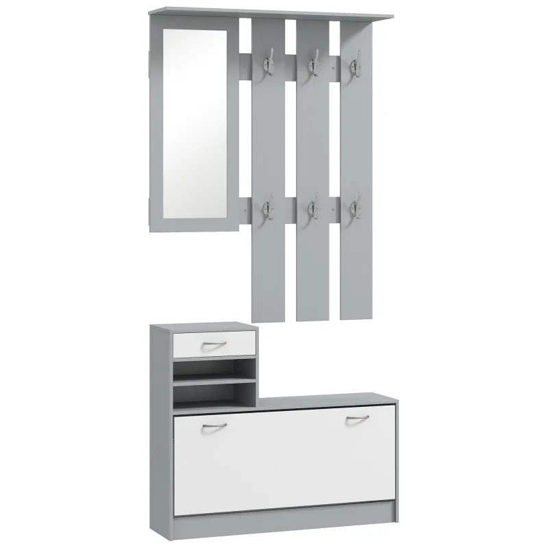 Recibidor de Entrada con Espejo Perchero y Zapatero Mueble de Recibidor de 2 Piezas con Ganchos Estantes y Cajón Gris