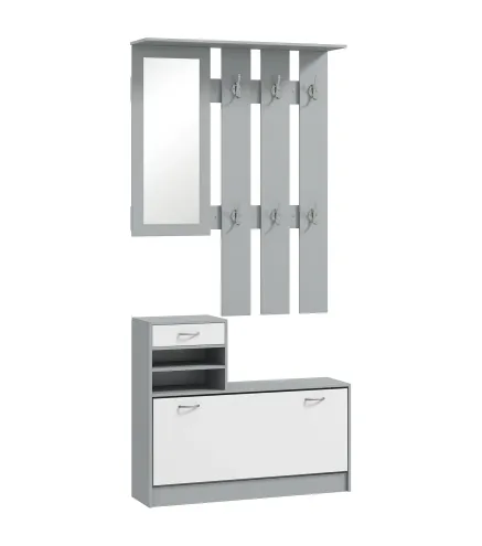 Recibidor de Entrada con Espejo Perchero y Zapatero Mueble de Recibidor de 2 Piezas con Ganchos Estantes y Cajón Gris