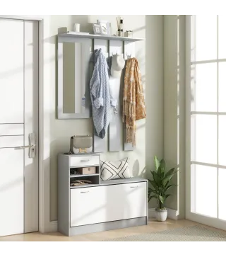 Recibidor de Entrada con Espejo Perchero y Zapatero Mueble de Recibidor de 2 Piezas con Ganchos Estantes y Cajón Gris