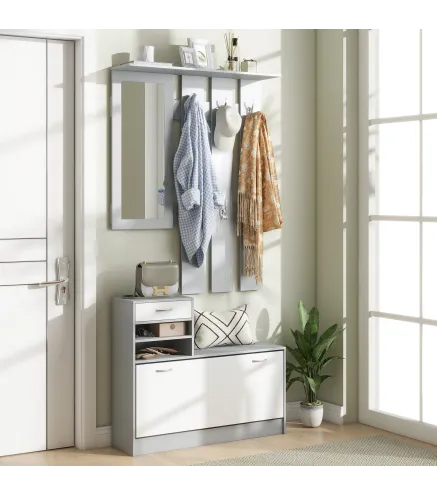 Recibidor de Entrada con Espejo Perchero y Zapatero Mueble de Recibidor de 2 Piezas con Ganchos Estantes y Cajón Gris