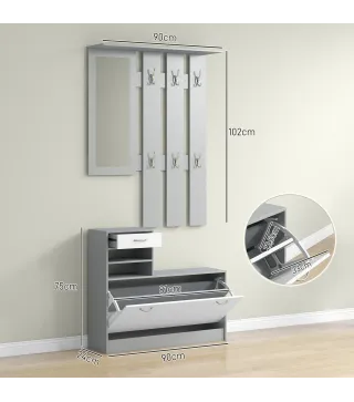 Recibidor de Entrada con Espejo Perchero y Zapatero Mueble de Recibidor de 2 Piezas con Ganchos Estantes y Cajón Gris
