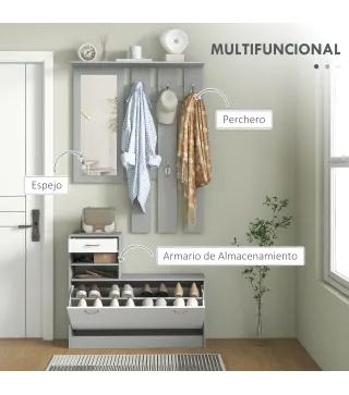 Recibidor de Entrada con Espejo Perchero y Zapatero Mueble de Recibidor de 2 Piezas con Ganchos Estantes y Cajón Gris