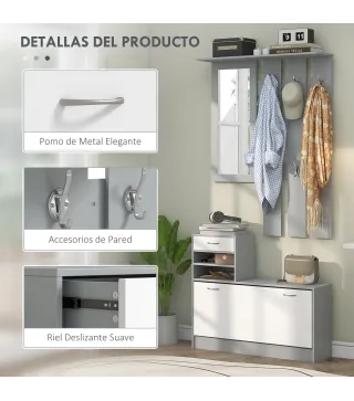 Recibidor de Entrada con Espejo Perchero y Zapatero Mueble de Recibidor de 2 Piezas con Ganchos Estantes y Cajón Gris