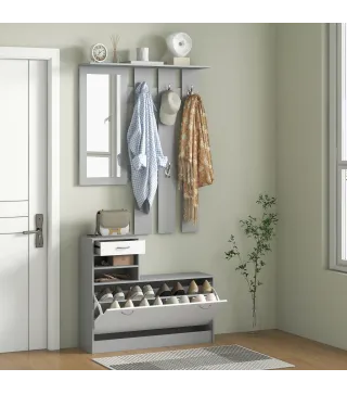 Recibidor de Entrada con Espejo Perchero y Zapatero Mueble de Recibidor de 2 Piezas con Ganchos Estantes y Cajón Gris