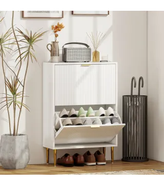 Zapatero Estrecho con 2 Puertas Acanaladas con Estantes Ajustables para 12 Pares de Zapatos 60x24x91,5 cm Blanco