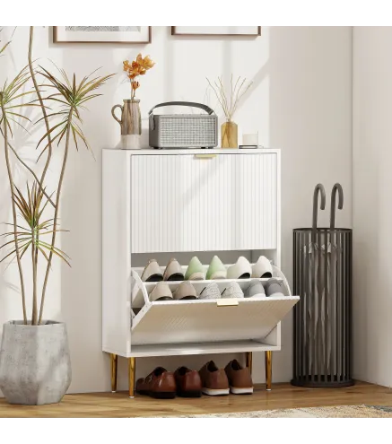 Zapatero Estrecho con 2 Puertas Acanaladas con Estantes Ajustables para 12 Pares de Zapatos 60x24x91,5 cm Blanco