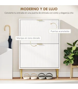 Zapatero Estrecho con 2 Puertas Acanaladas con Estantes Ajustables para 12 Pares de Zapatos 60x24x91,5 cm Blanco
