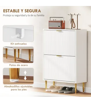 Zapatero Estrecho con 2 Puertas Acanaladas con Estantes Ajustables para 12 Pares de Zapatos 60x24x91,5 cm Blanco