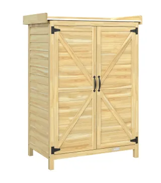 Cobertizo de Jardín Exterior de Madera con Techo de Metal y Ganchos para Almacenaje Herramientas 71,5x39x95 cm Natural