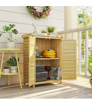 Cobertizo de Jardín Exterior de Madera con Techo de Metal y Ganchos para Almacenaje Herramientas 71,5x39x95 cm Natural