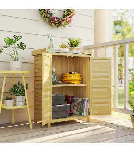 Cobertizo de Jardín Exterior de Madera con Techo de Metal y Ganchos para Almacenaje Herramientas 71,5x39x95 cm Natural