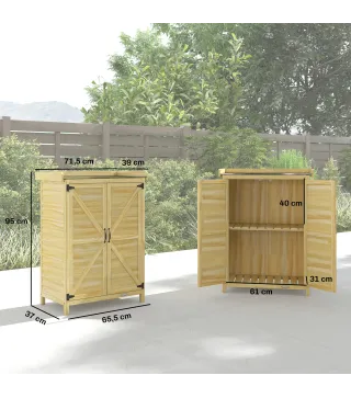 Cobertizo de Jardín Exterior de Madera con Techo de Metal y Ganchos para Almacenaje Herramientas 71,5x39x95 cm Natural