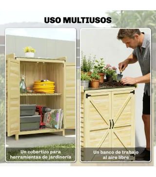 Cobertizo de Jardín Exterior de Madera con Techo de Metal y Ganchos para Almacenaje Herramientas 71,5x39x95 cm Natural