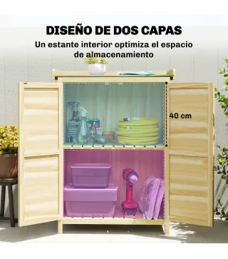 Cobertizo de Jardín Exterior de Madera con Techo de Metal y Ganchos para Almacenaje Herramientas 71,5x39x95 cm Natural