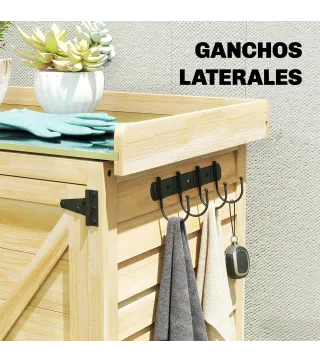 Cobertizo de Jardín Exterior de Madera con Techo de Metal y Ganchos para Almacenaje Herramientas 71,5x39x95 cm Natural