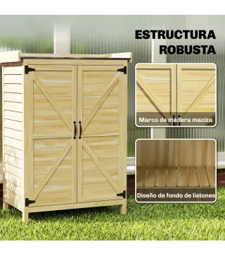 Cobertizo de Jardín Exterior de Madera con Techo de Metal y Ganchos para Almacenaje Herramientas 71,5x39x95 cm Natural