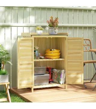 Cobertizo de Jardín Exterior de Madera con Techo de Metal y Ganchos para Almacenaje Herramientas 71,5x39x95 cm Natural